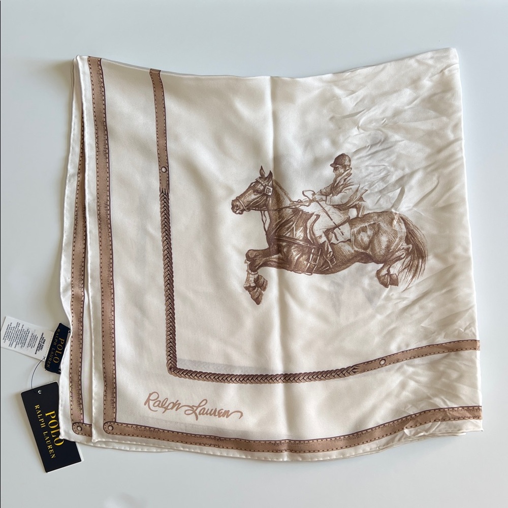 Polo Ralph Lauren Equestrian Silk Scarf Polo Horse Print Cream Brown - Picture 12 of 17